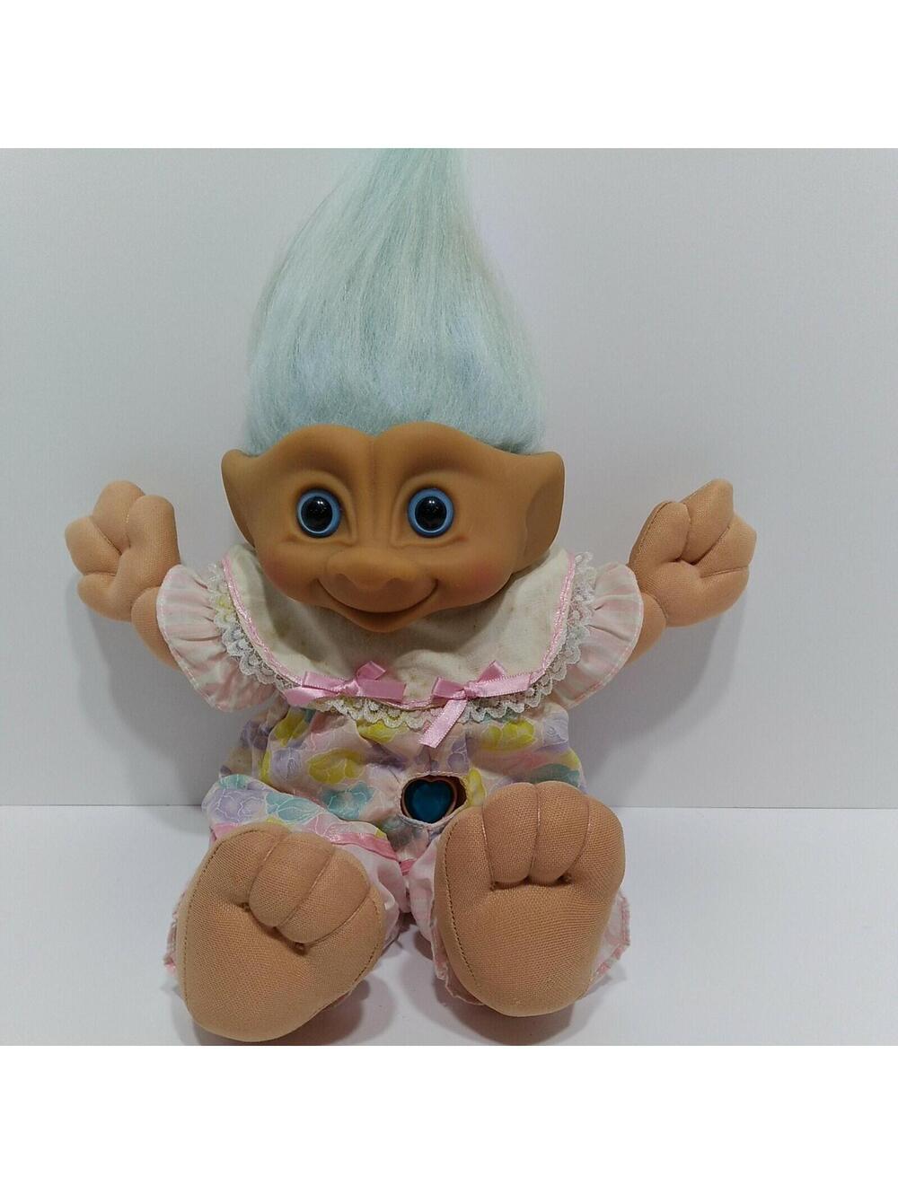 Vtg 91 Treasure Troll 12" Blue Hair/ Eyes Jumper Stained Outfit Discolored Hair